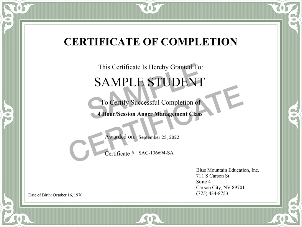 Sample Anger Management Certificate of Completion